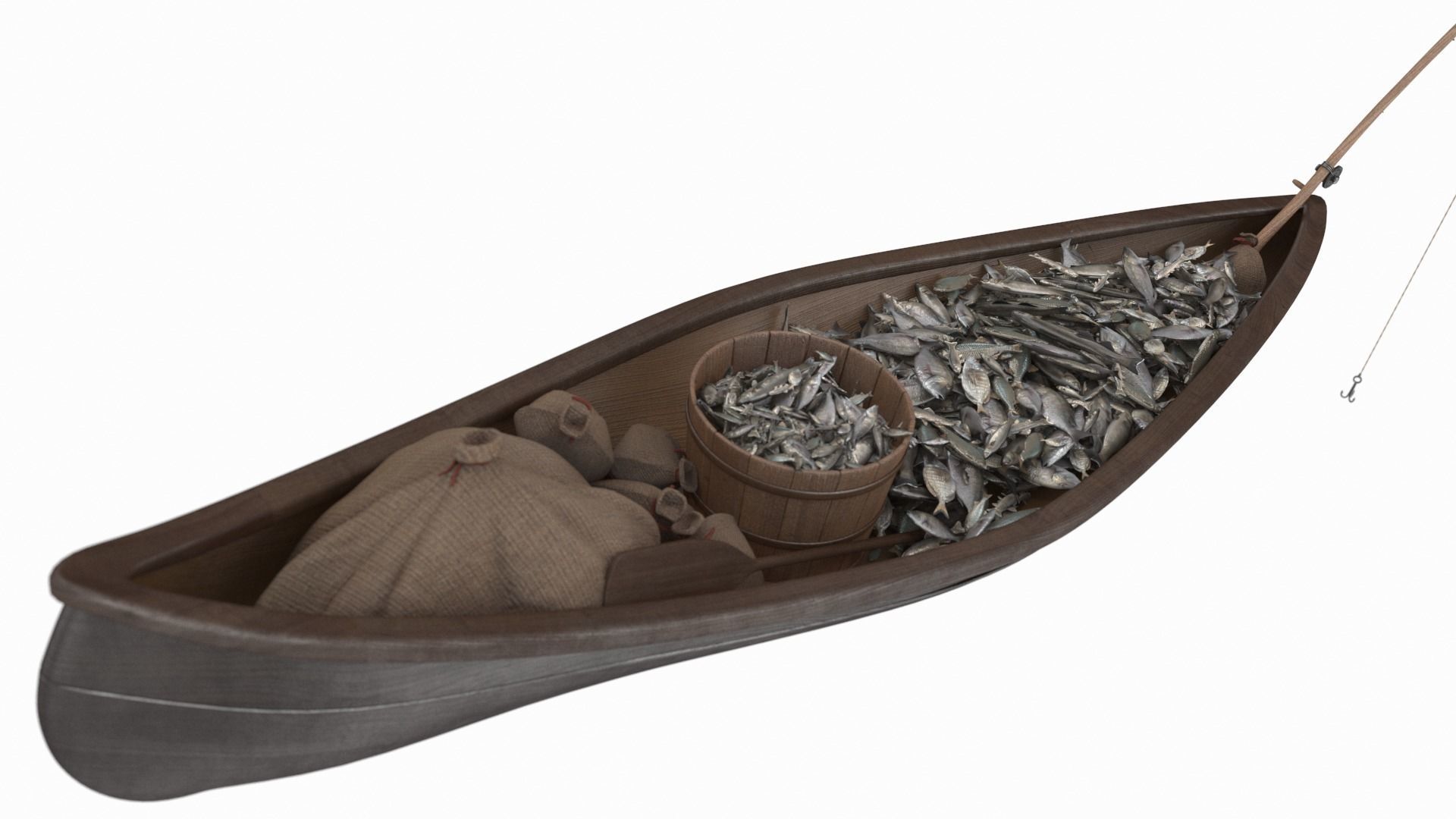 Small Wooden Fishing Boat Full with Fish 3D model_1