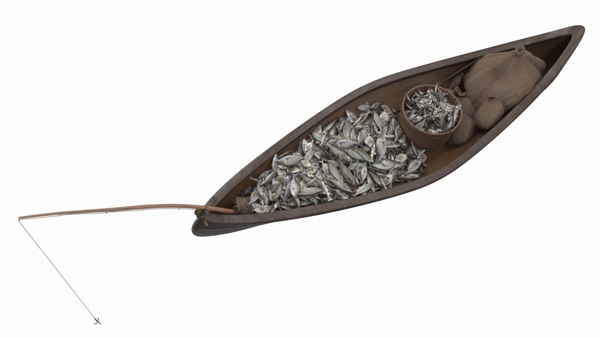 Small Wooden Fishing Boat Full with Fish 3D model_2