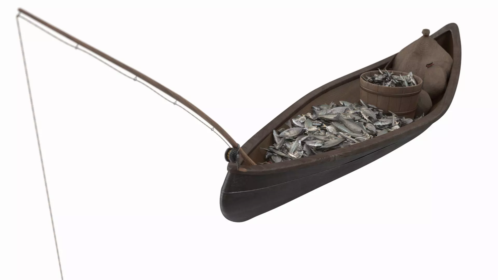 Small Wooden Fishing Boat Full with Fish 3D model_0