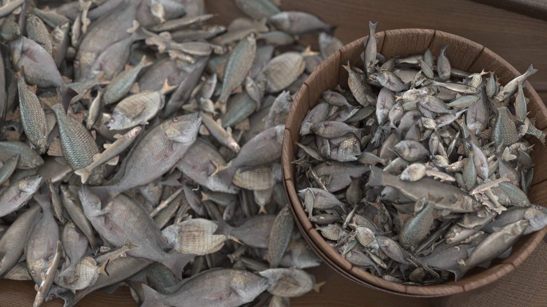 Small Wooden Fishing Boat Full with Fish 3D model_3