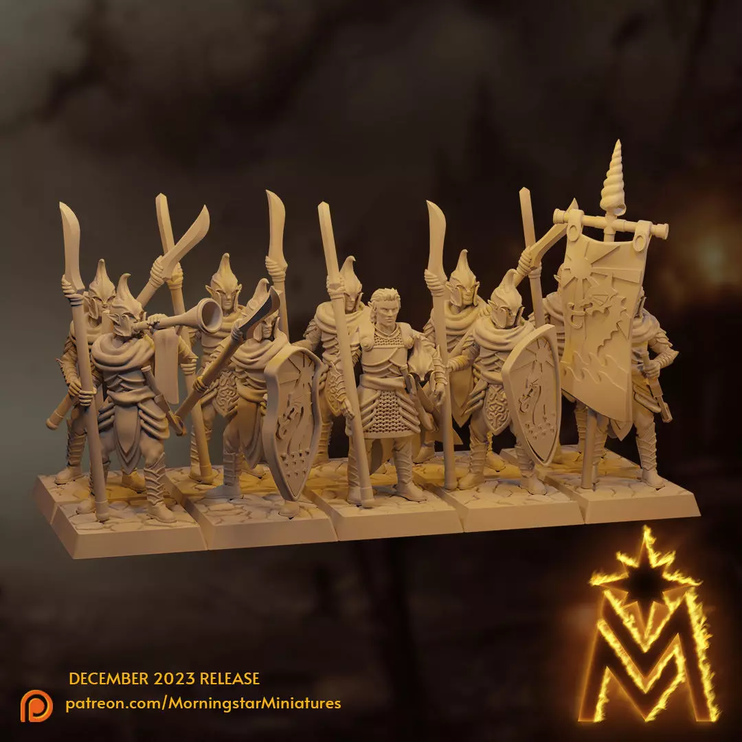 High Elf Spearmen Unit - 32mm Presupported Miniatures 3D print model_0