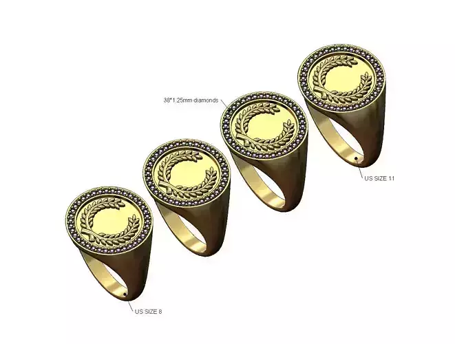 Bay leaves branches crown diamond signet US sizes 8to11