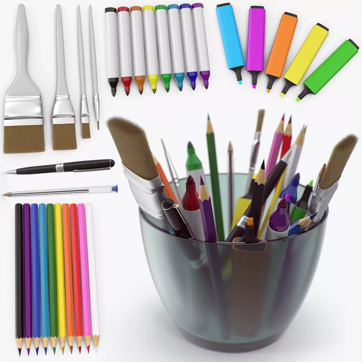 Glass with art supplies pack 3D model