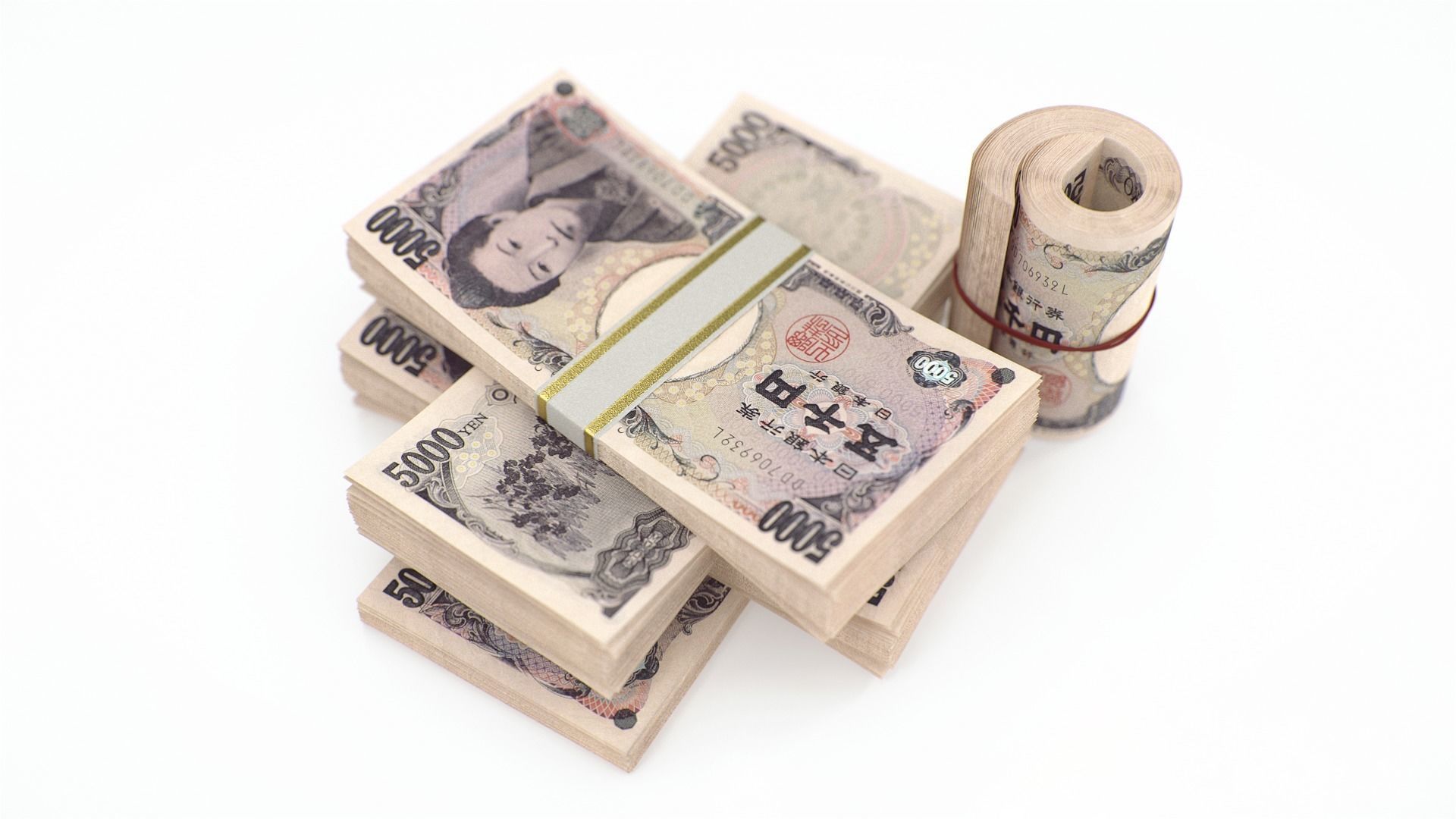 Pile of Japanese yen banknote bill stacks 3D model_1