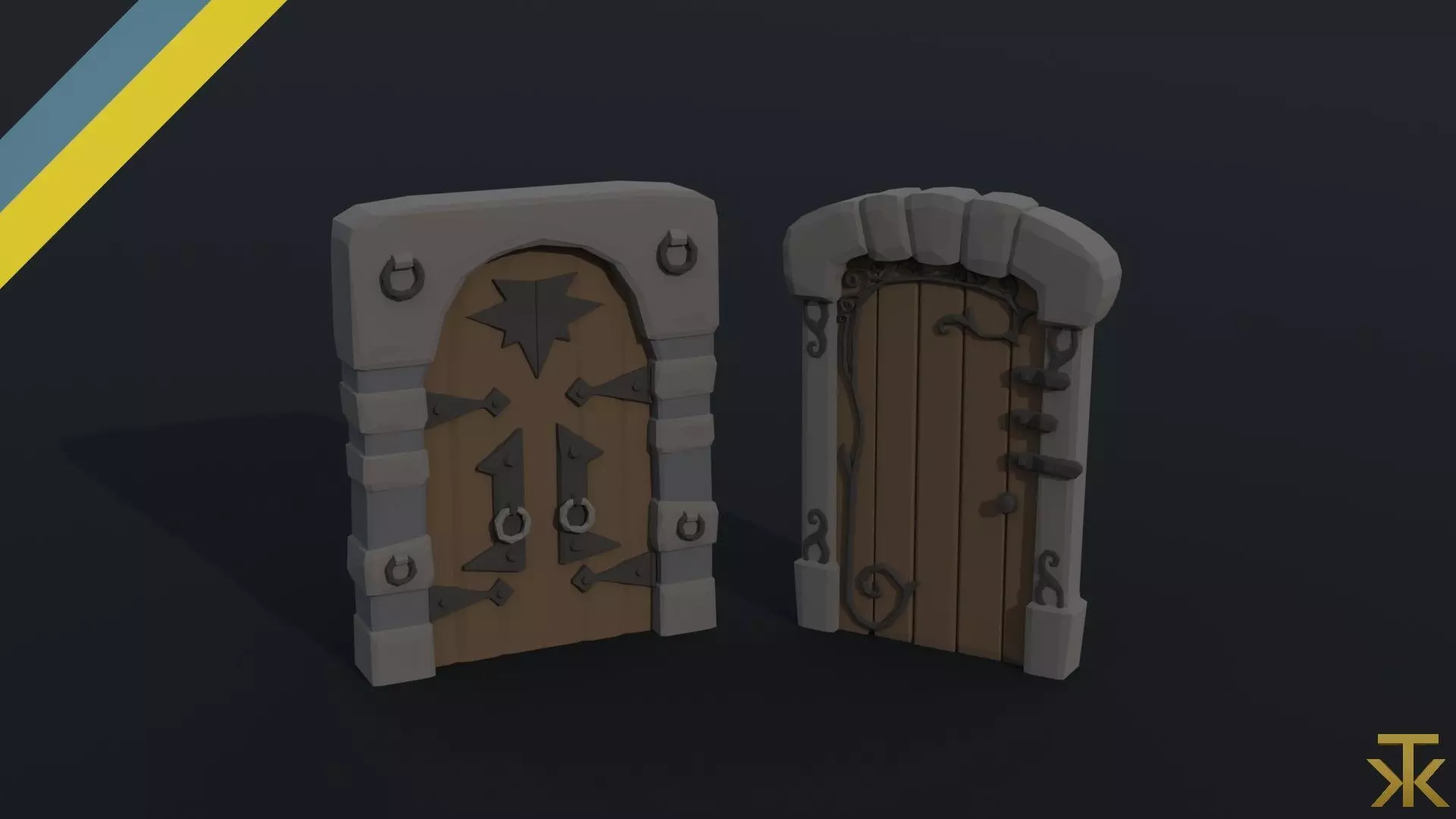 Cartoon dungeon door Polygonal Style Low-poly 3D model_0
