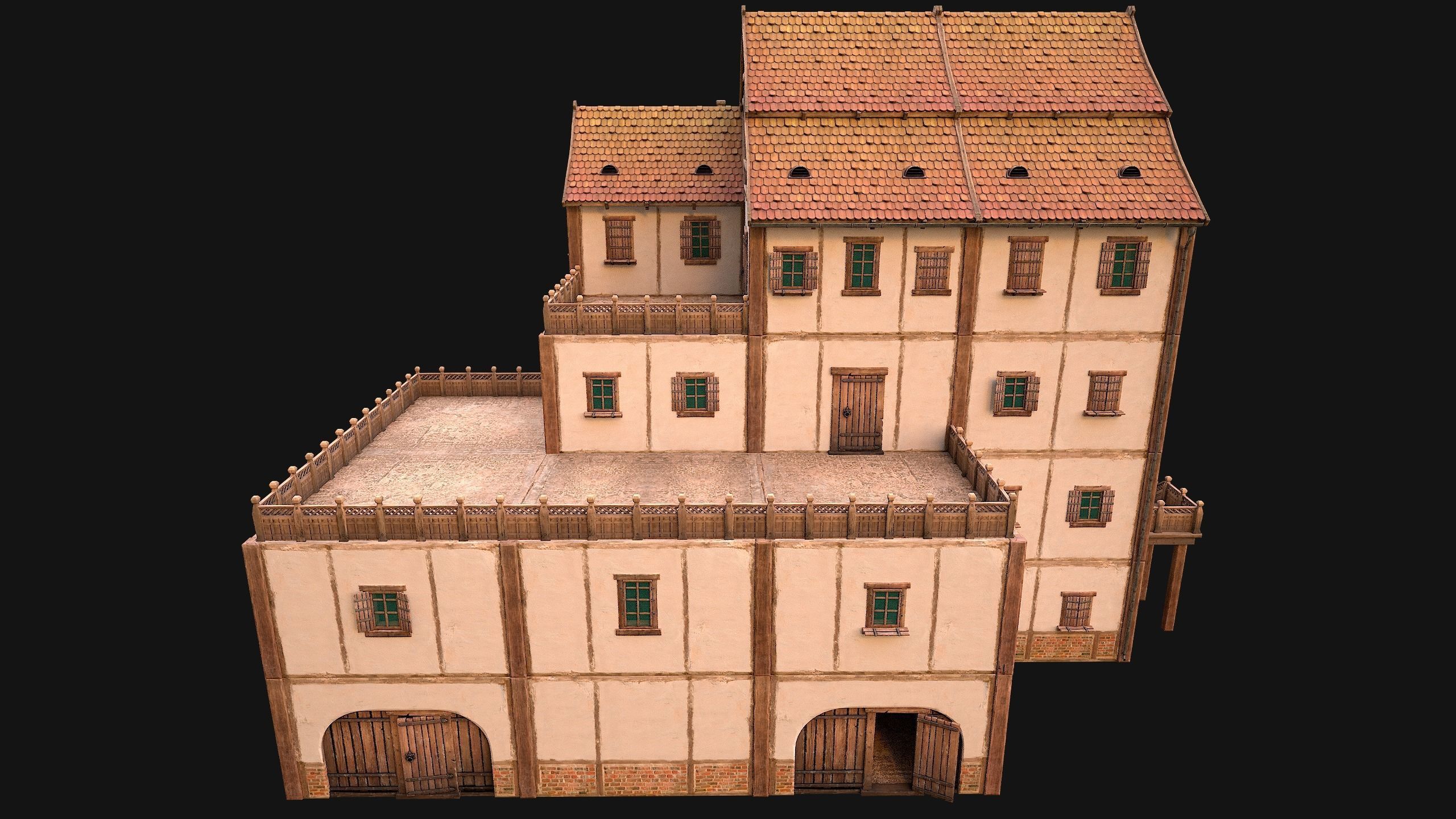 Medieval Skyscraper House with Barn  Low-poly 3D model_5