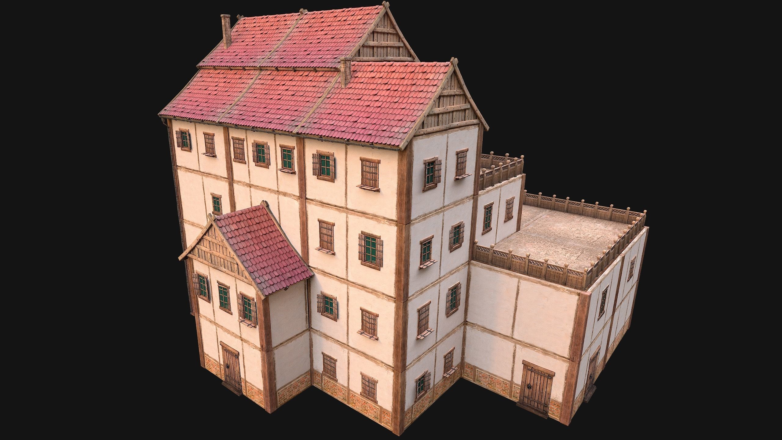 Medieval Skyscraper House with Barn  Low-poly 3D model_21