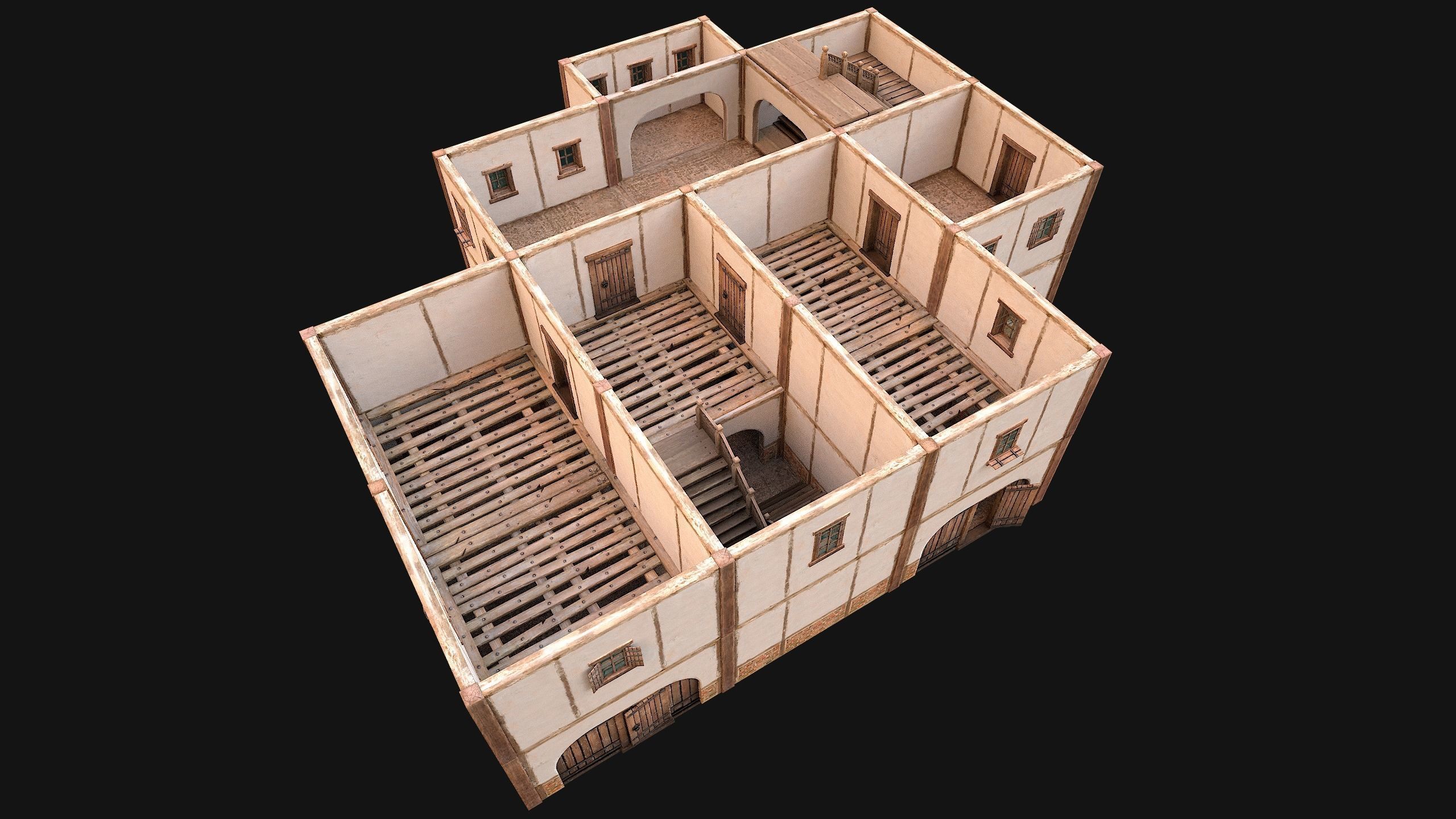 Medieval Skyscraper House with Barn  Low-poly 3D model_15