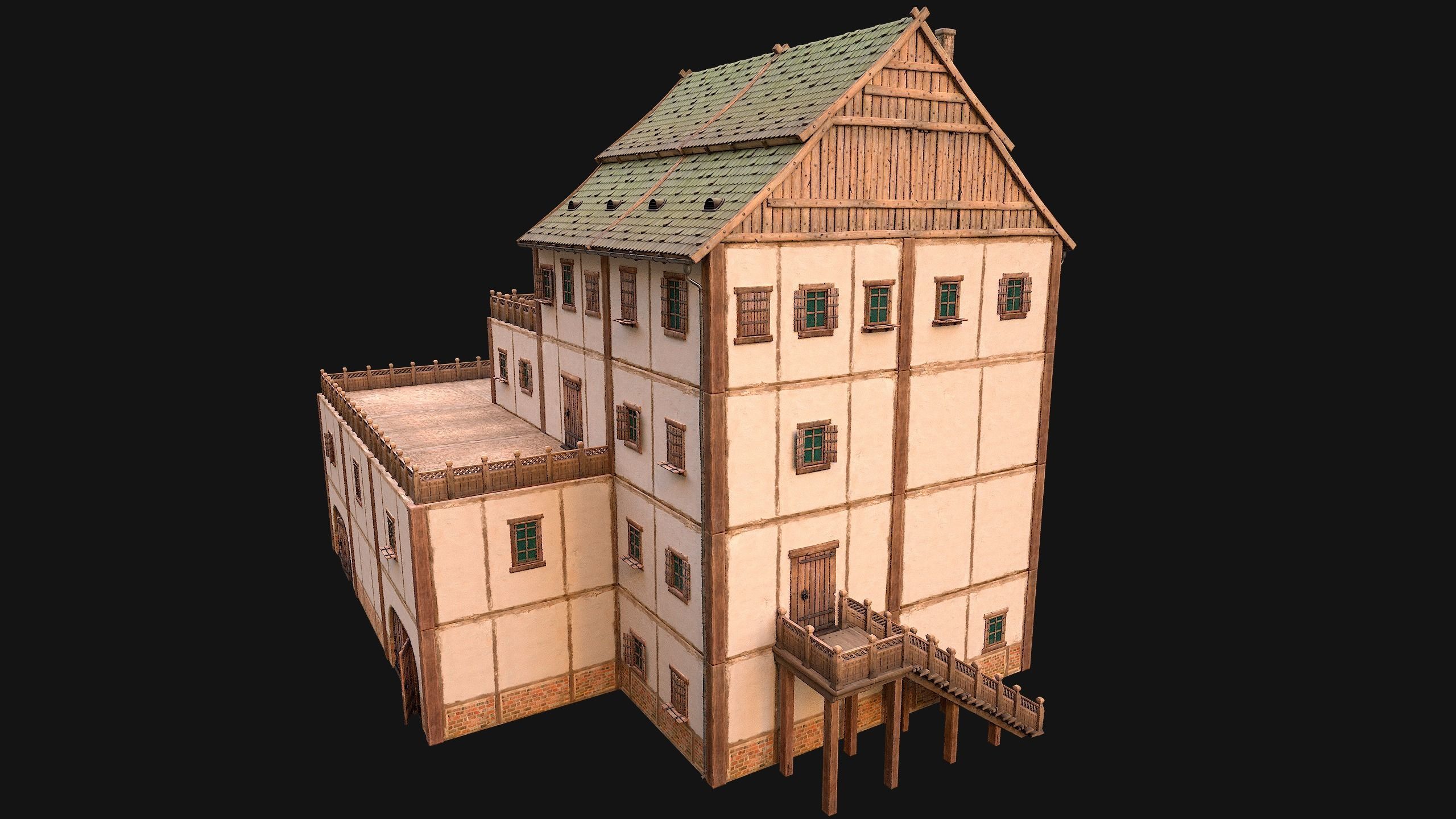 Medieval Skyscraper House with Barn  Low-poly 3D model_8