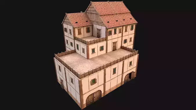 Medieval Skyscraper House with Barn  Low-poly 3D model