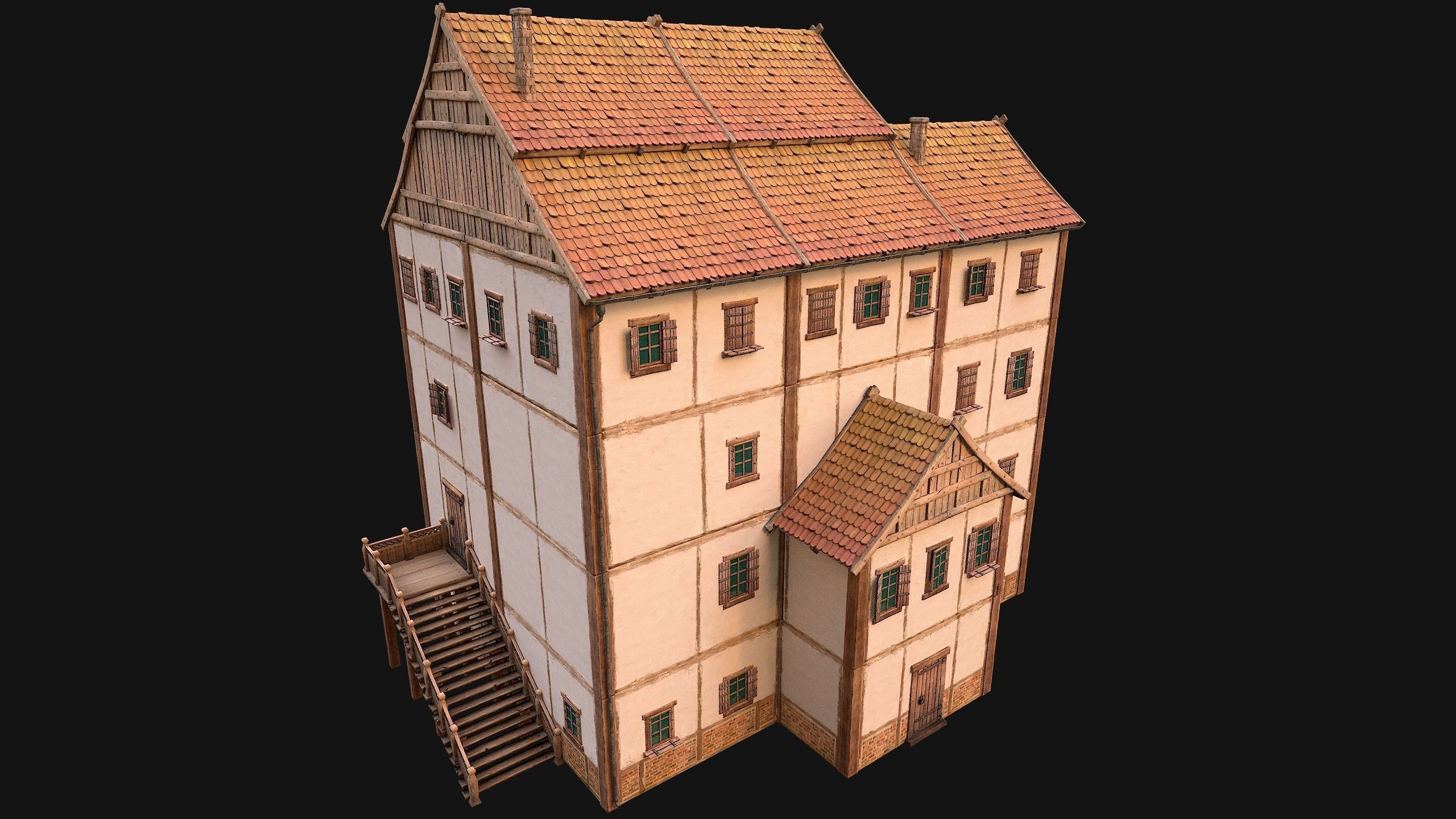 Medieval Skyscraper House with Barn  Low-poly 3D model_11