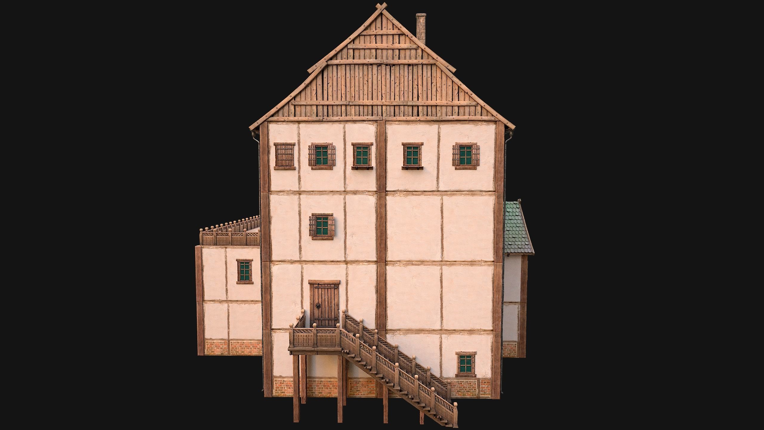 Medieval Skyscraper House with Barn  Low-poly 3D model_9
