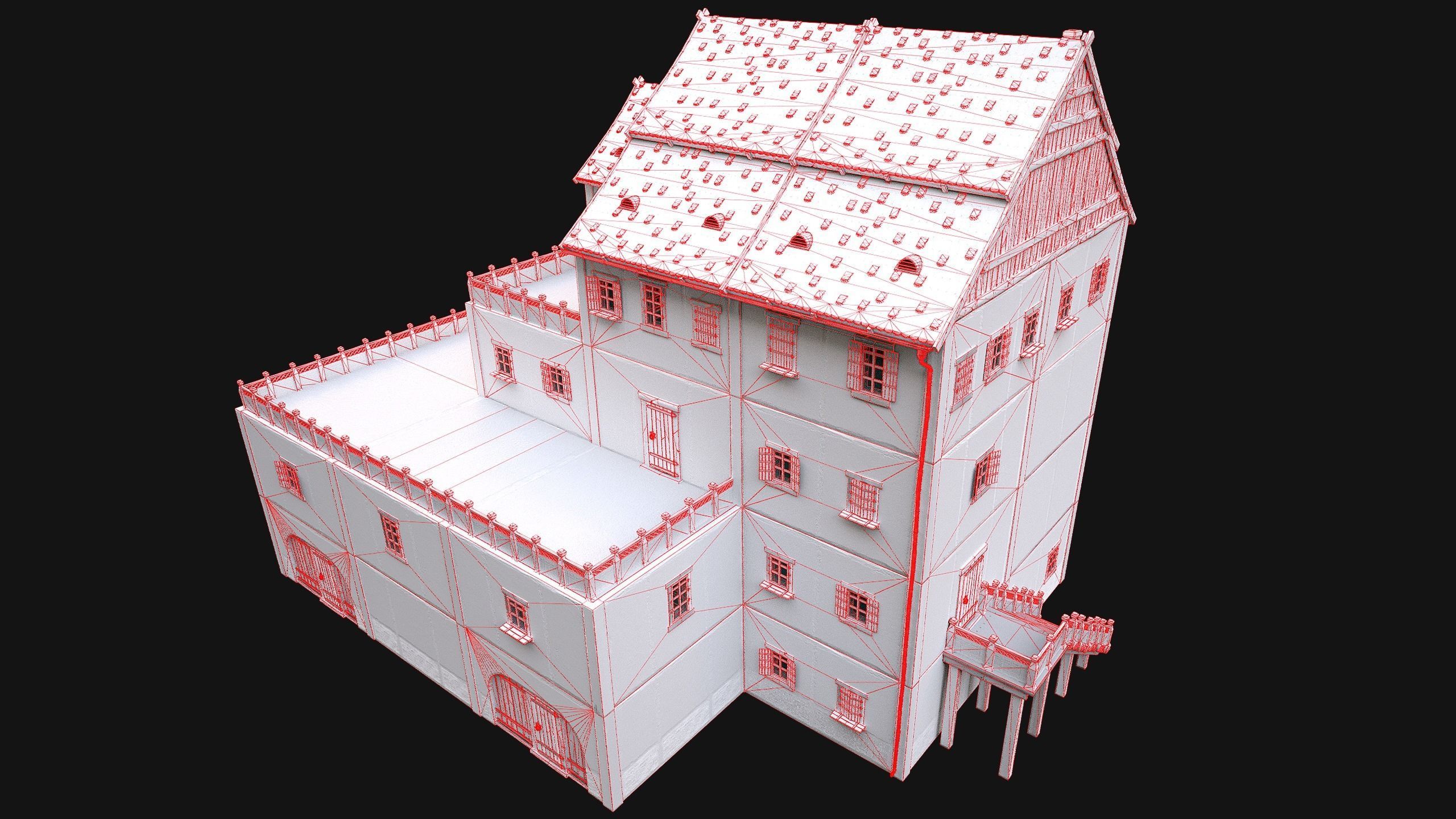 Medieval Skyscraper House with Barn  Low-poly 3D model_27