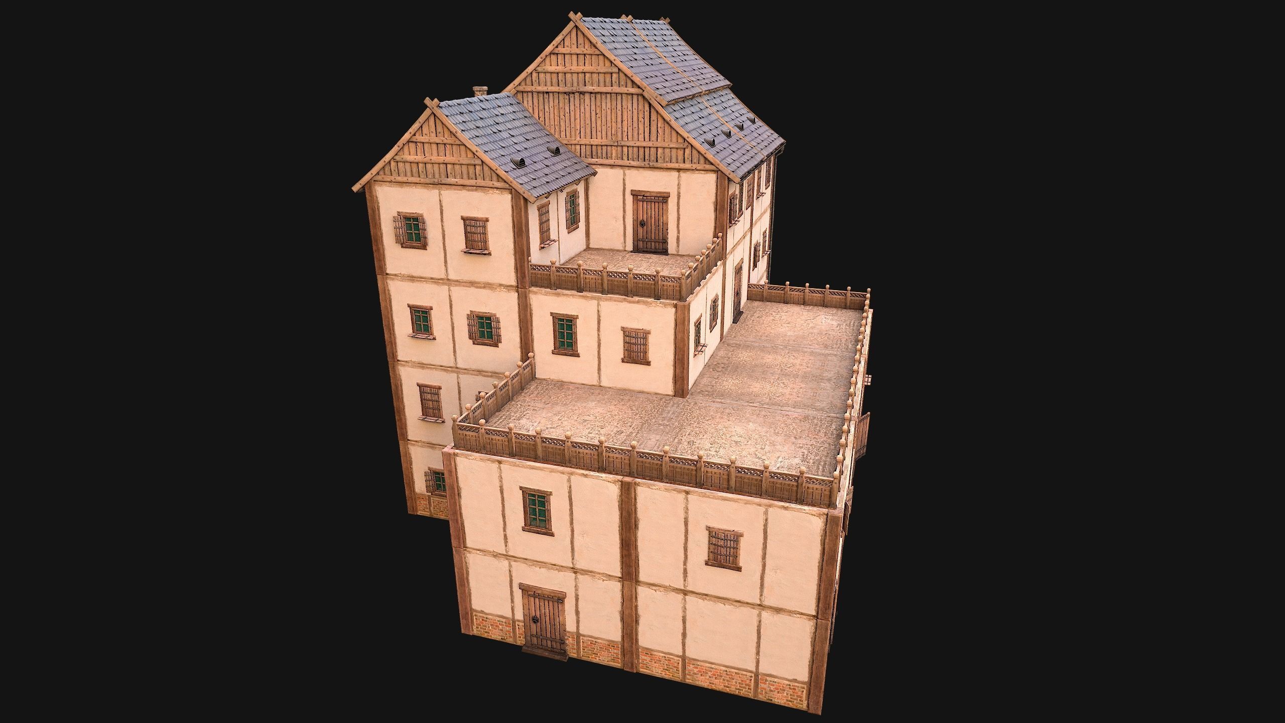 Medieval Skyscraper House with Barn  Low-poly 3D model_24