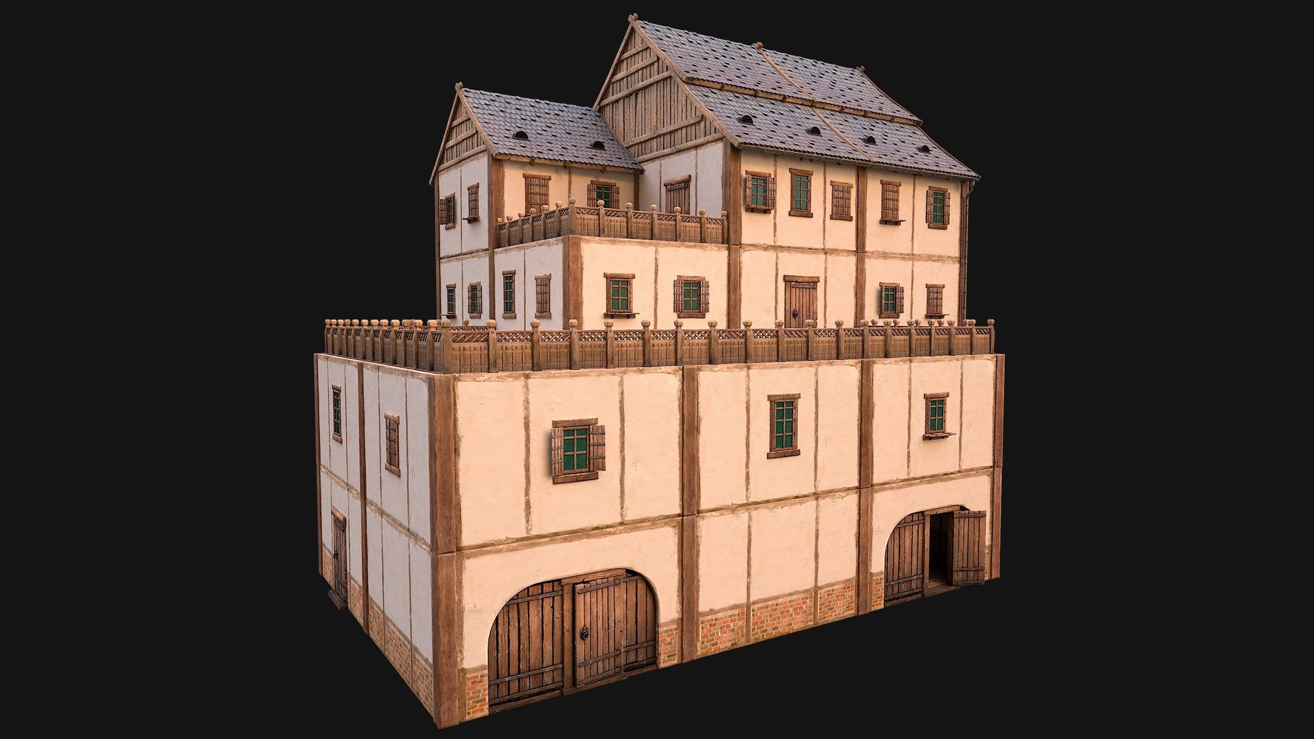 Medieval Skyscraper House with Barn  Low-poly 3D model_4