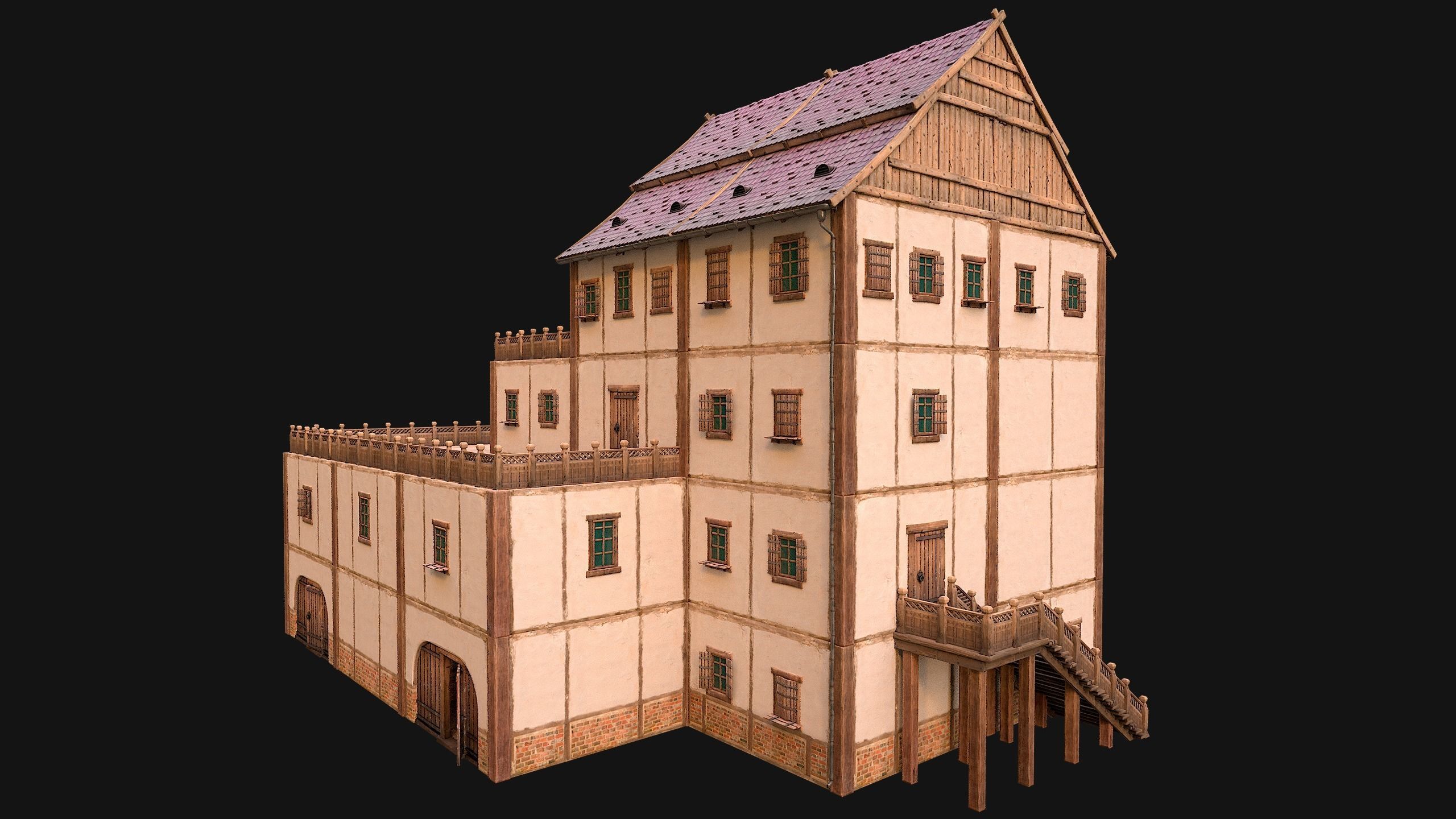 Medieval Skyscraper House with Barn  Low-poly 3D model_7