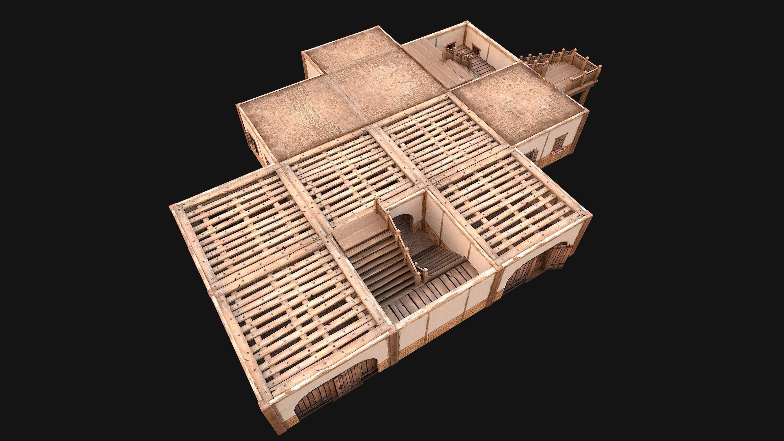 Medieval Skyscraper House with Barn  Low-poly 3D model_16