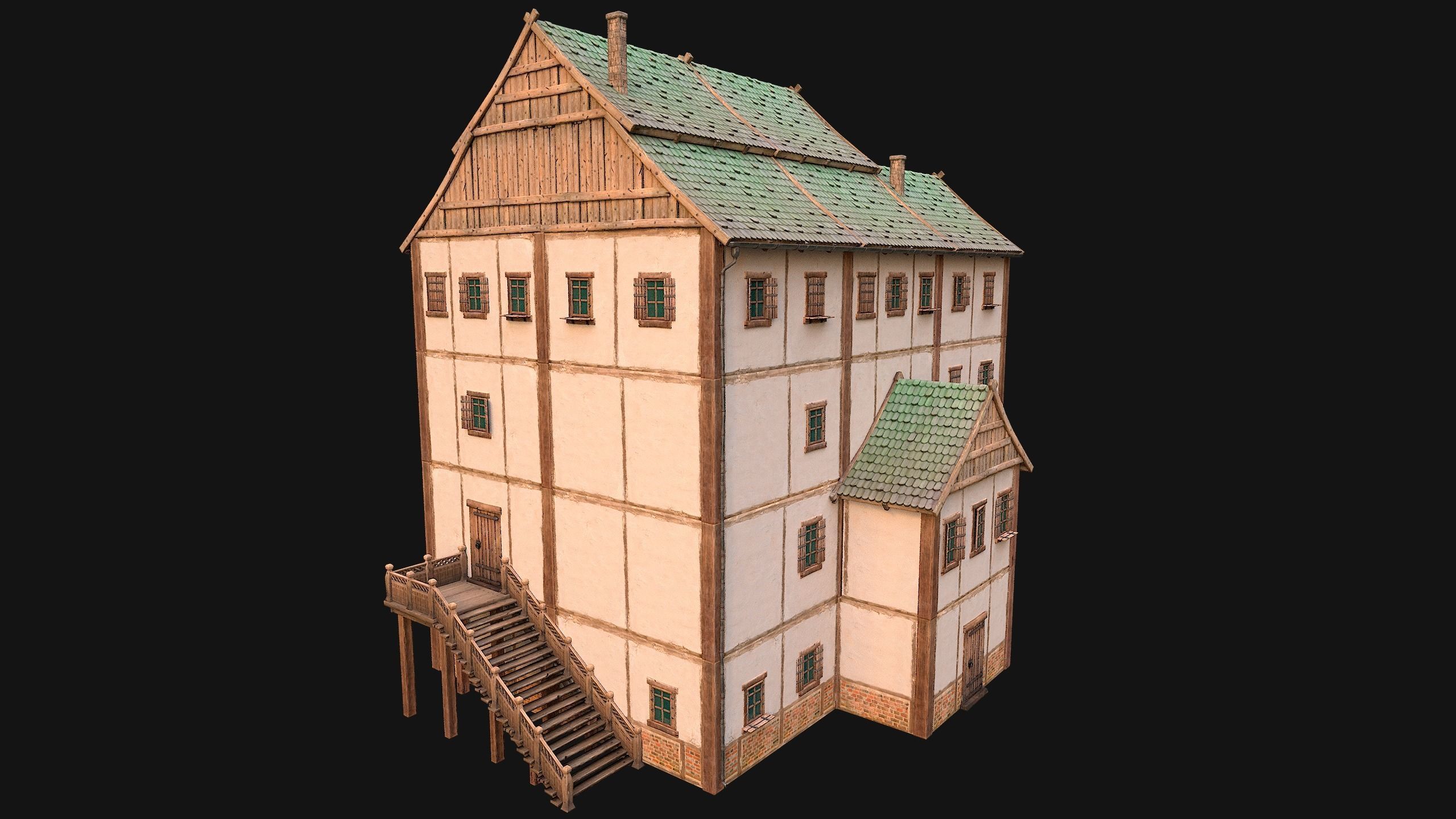 Medieval Skyscraper House with Barn  Low-poly 3D model_10