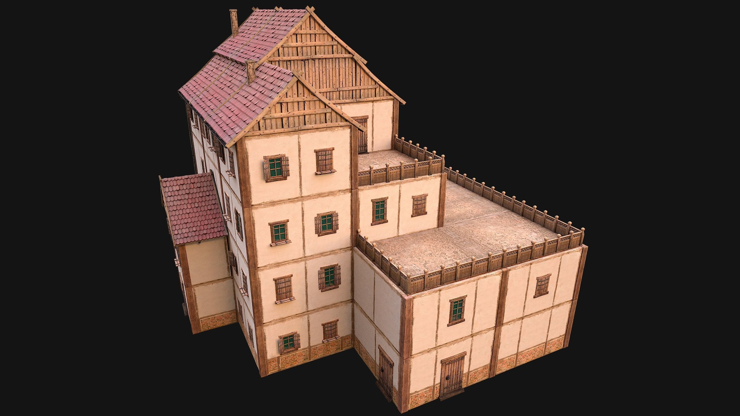 Medieval Skyscraper House with Barn  Low-poly 3D model_23