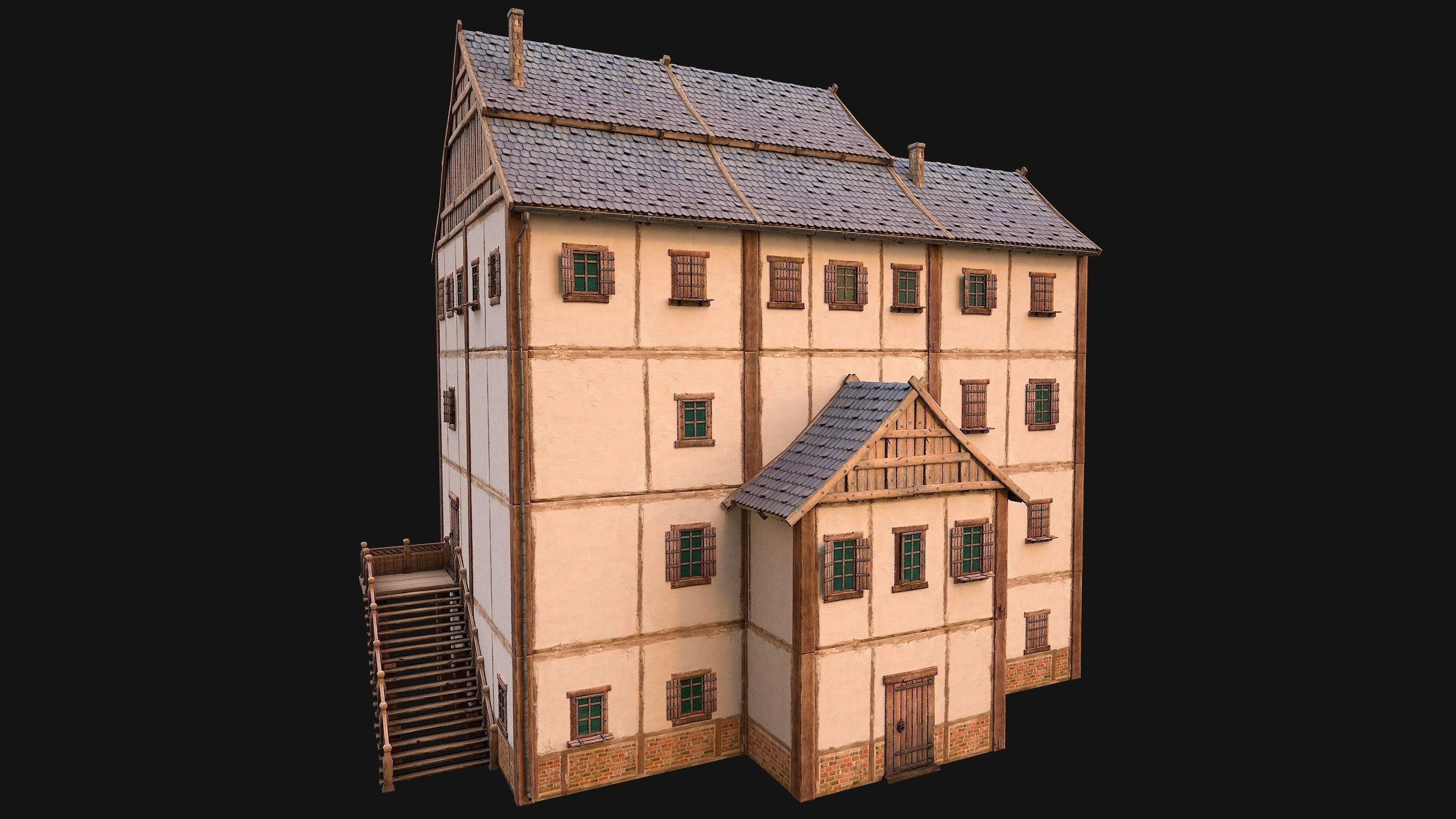 Medieval Skyscraper House with Barn  Low-poly 3D model_18
