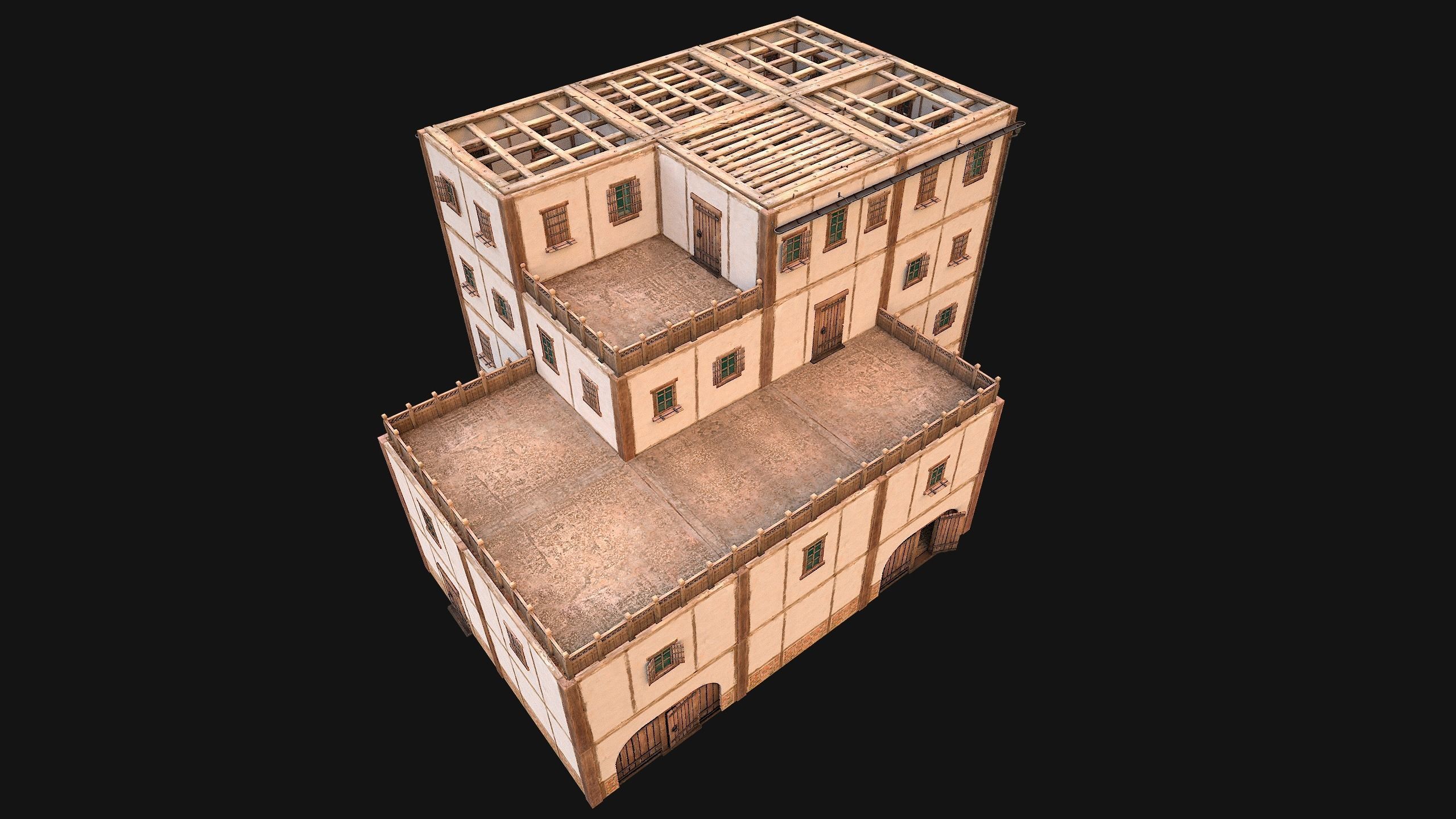 Medieval Skyscraper House with Barn  Low-poly 3D model_12