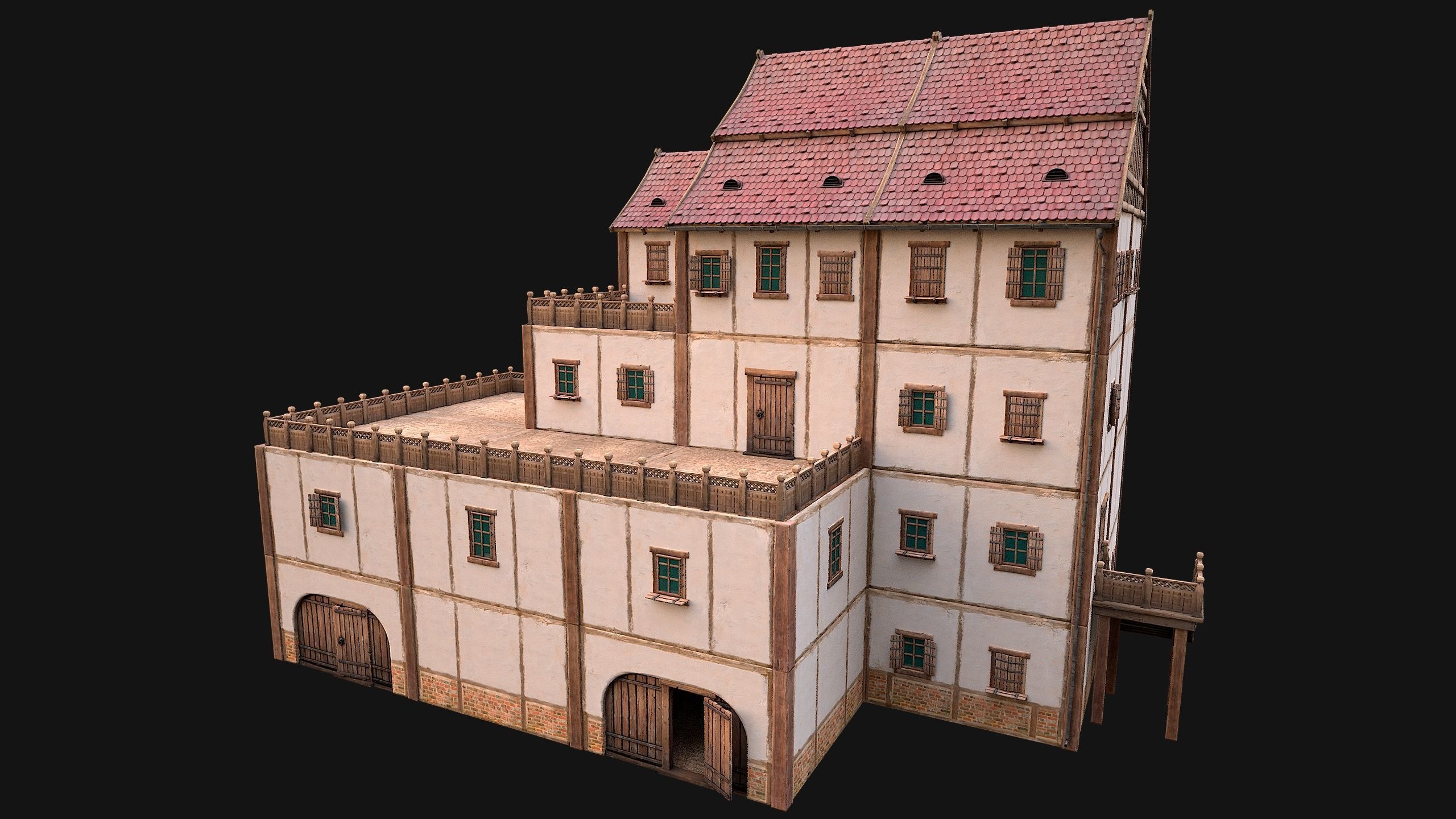 Medieval Skyscraper House with Barn  Low-poly 3D model_6