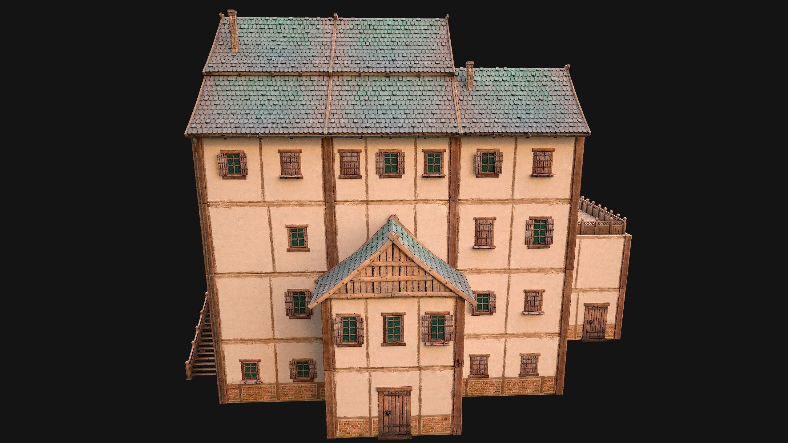 Medieval Skyscraper House with Barn  Low-poly 3D model_19