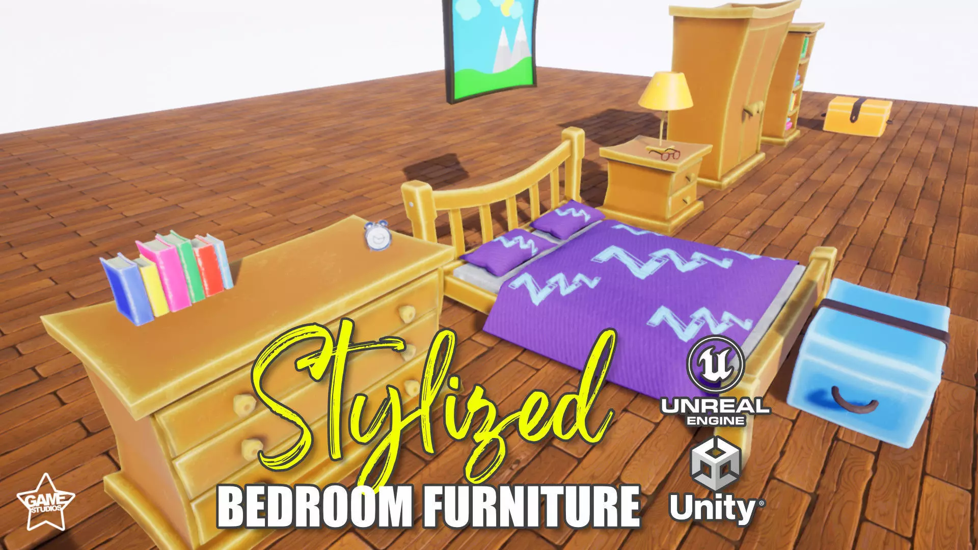 Stylized Bedroom Furniture Low-poly 3D model_0