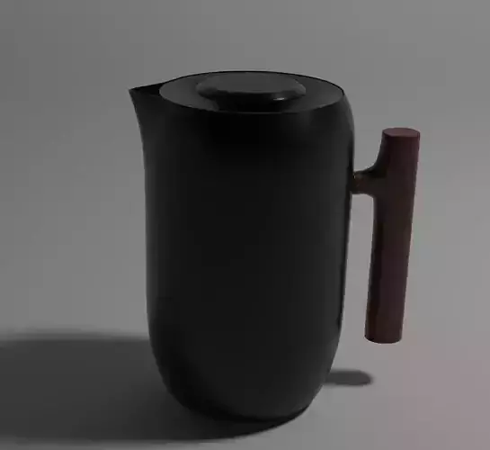 Black plastic teapot with wooden handle