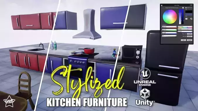 Stylized Kitchen Furniture Low-poly 3D model