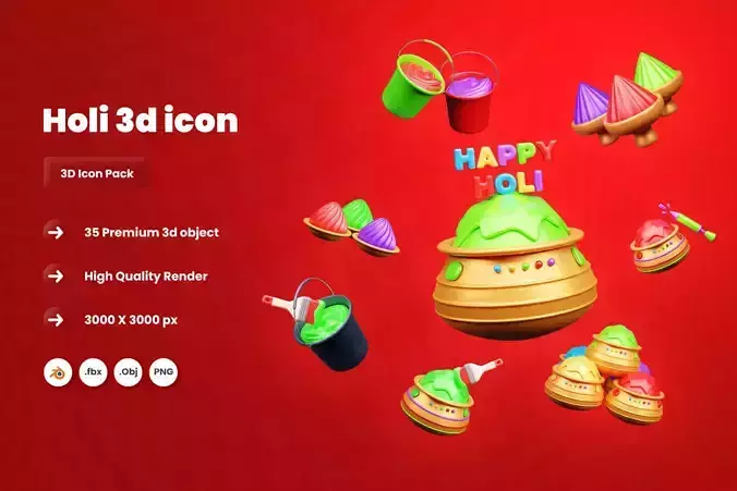 Holi 3d Illustration Icon Pack 3D model