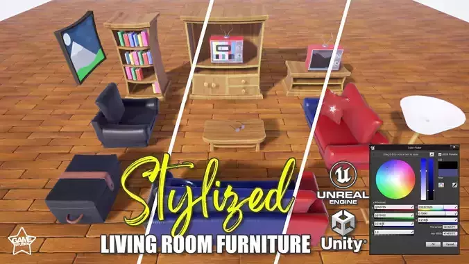 Stylized Living Room Furniture Low-poly 3D model
