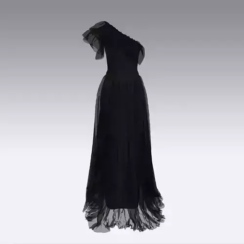 Dress one shoulder ruffled slevee Low-poly 3D model