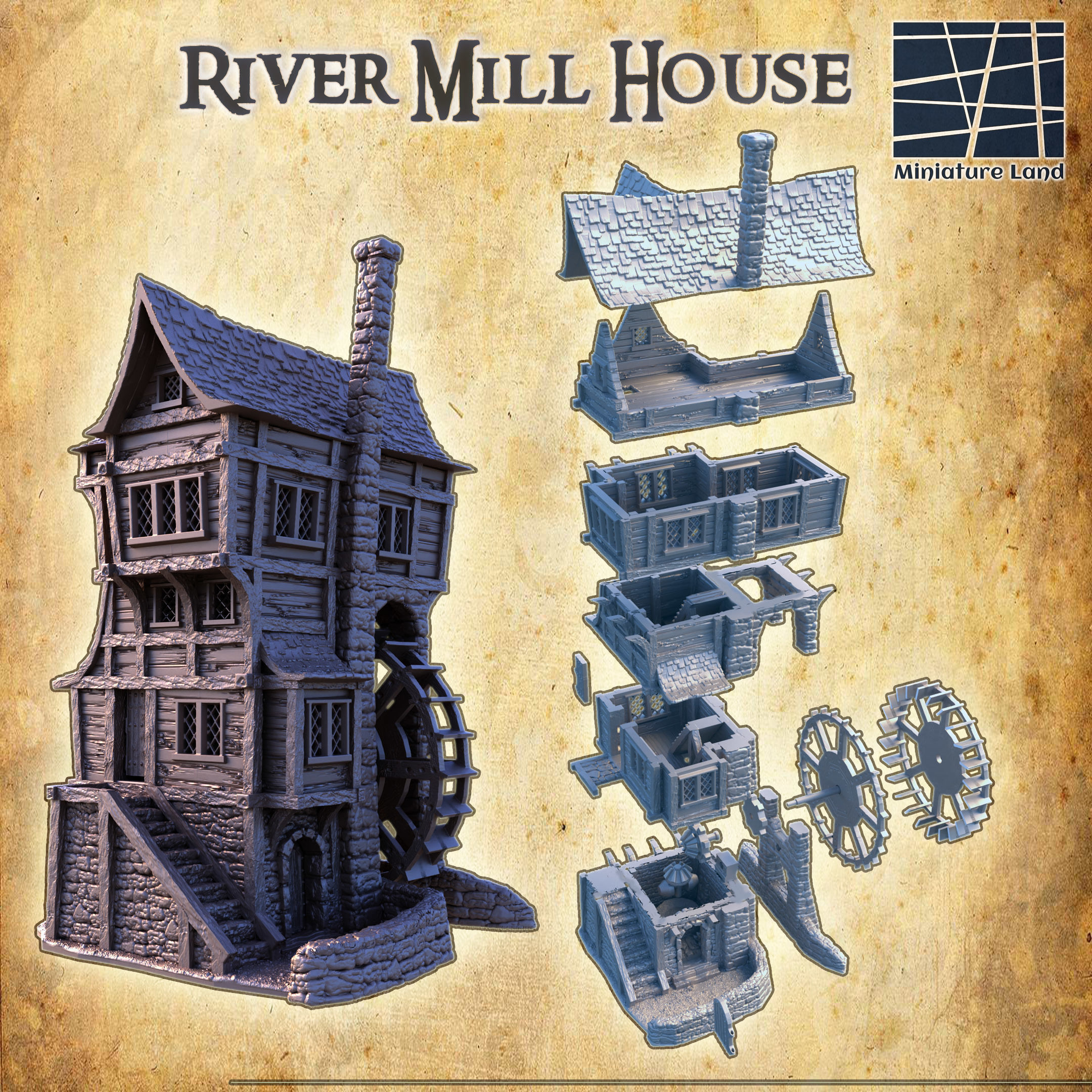 River Mill House Tabletop Terrain 28 MM 3D print model_1