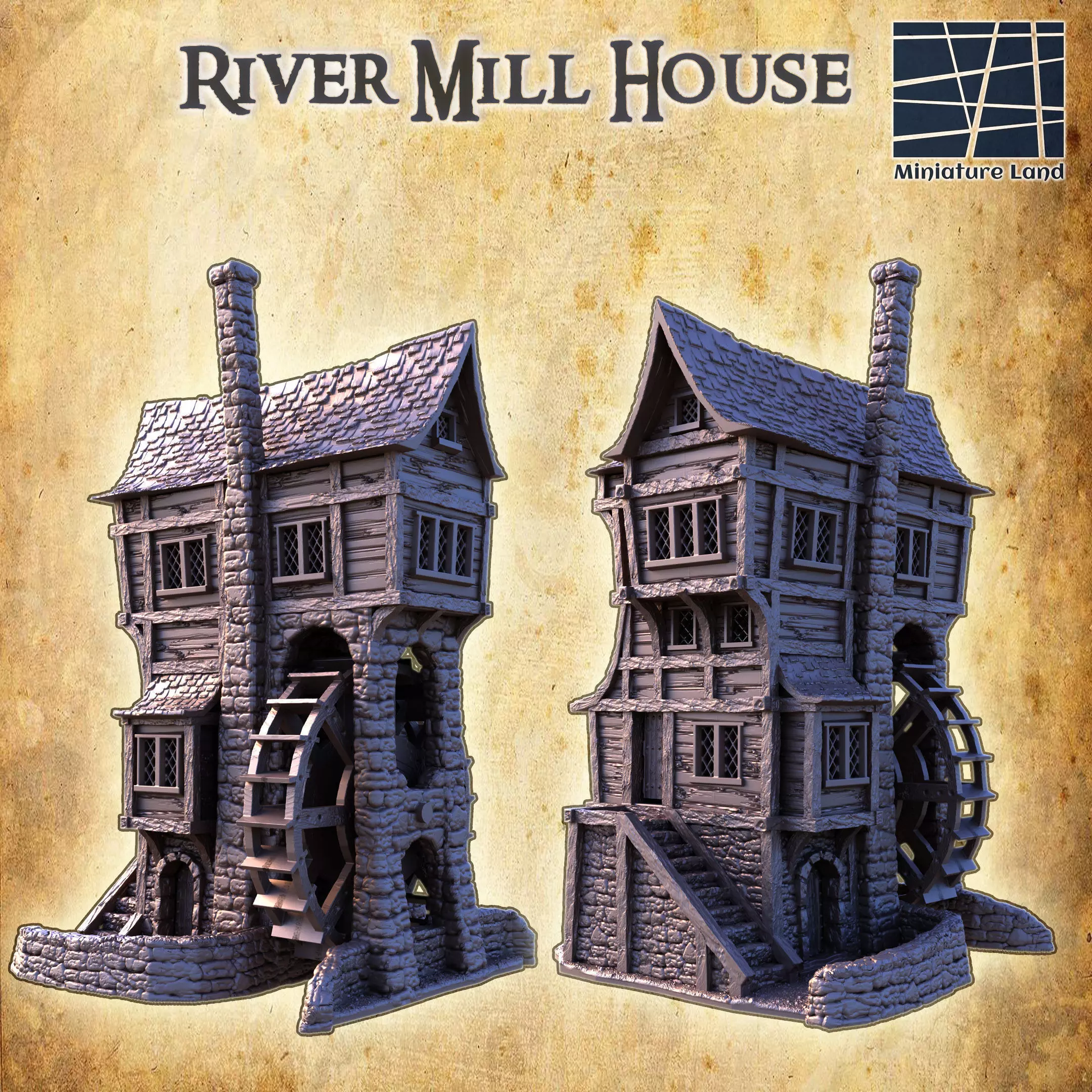 River Mill House Tabletop Terrain 28 MM 3D print model_0