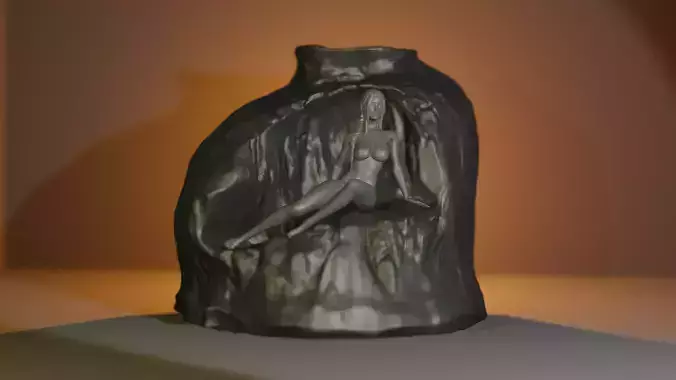 Lovely girl sitting on the rocky vase