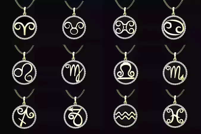 All zodiac  signs pendant with diamond for 3d print