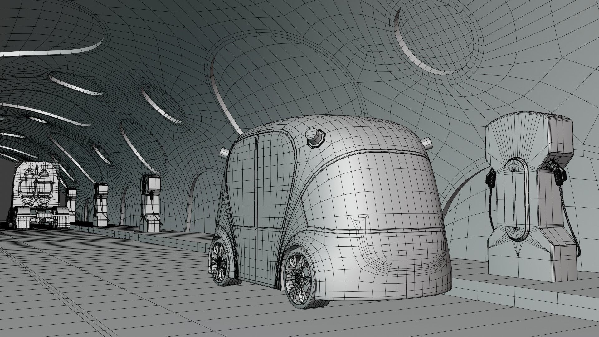 EV charging station with future vehicles 3D model_3