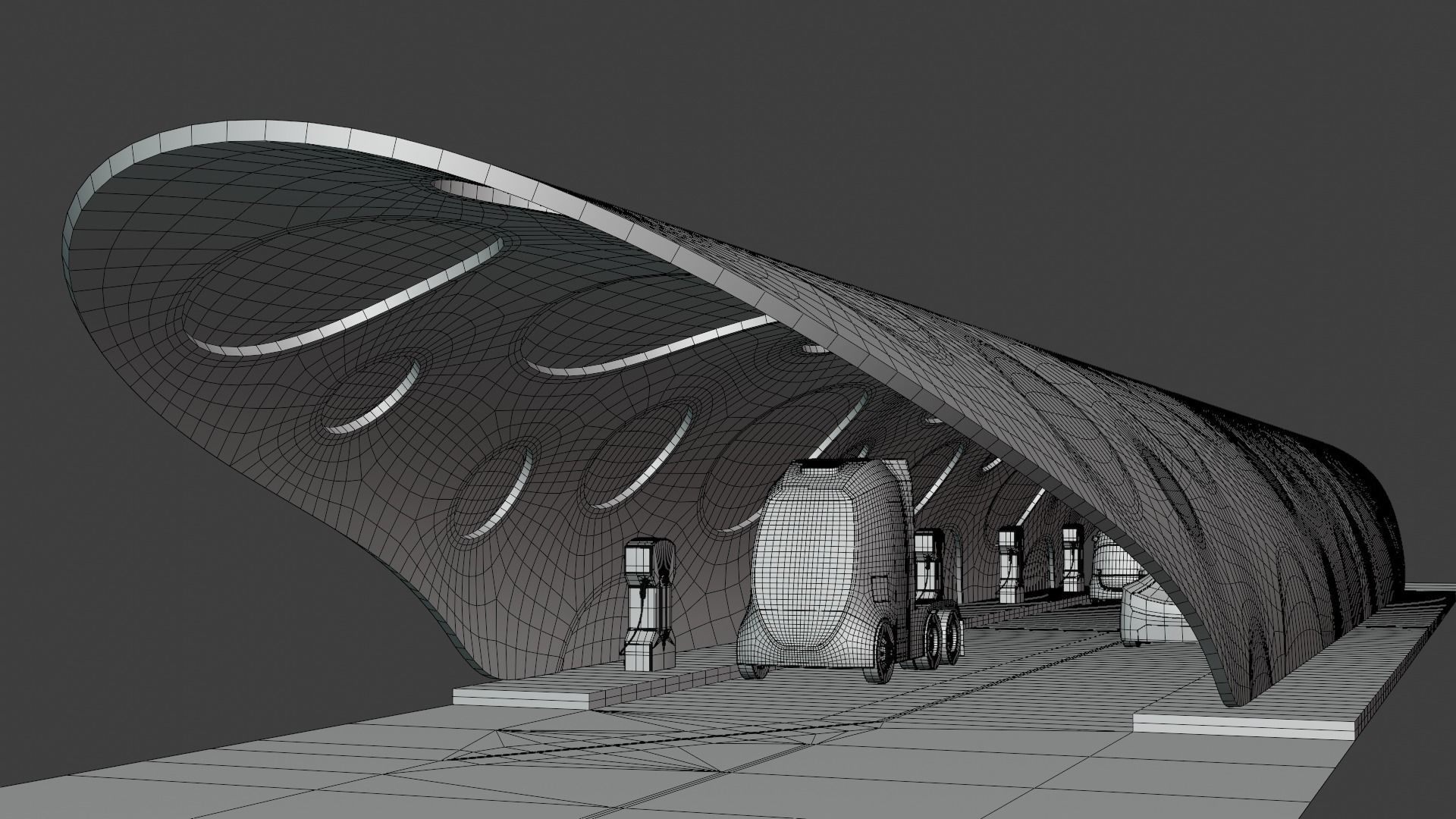 EV charging station with future vehicles 3D model_9