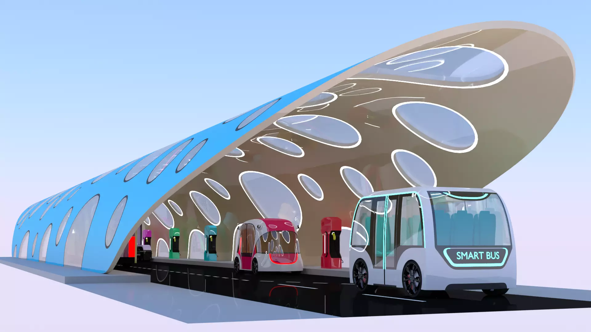 EV charging station with future vehicles 3D model_0