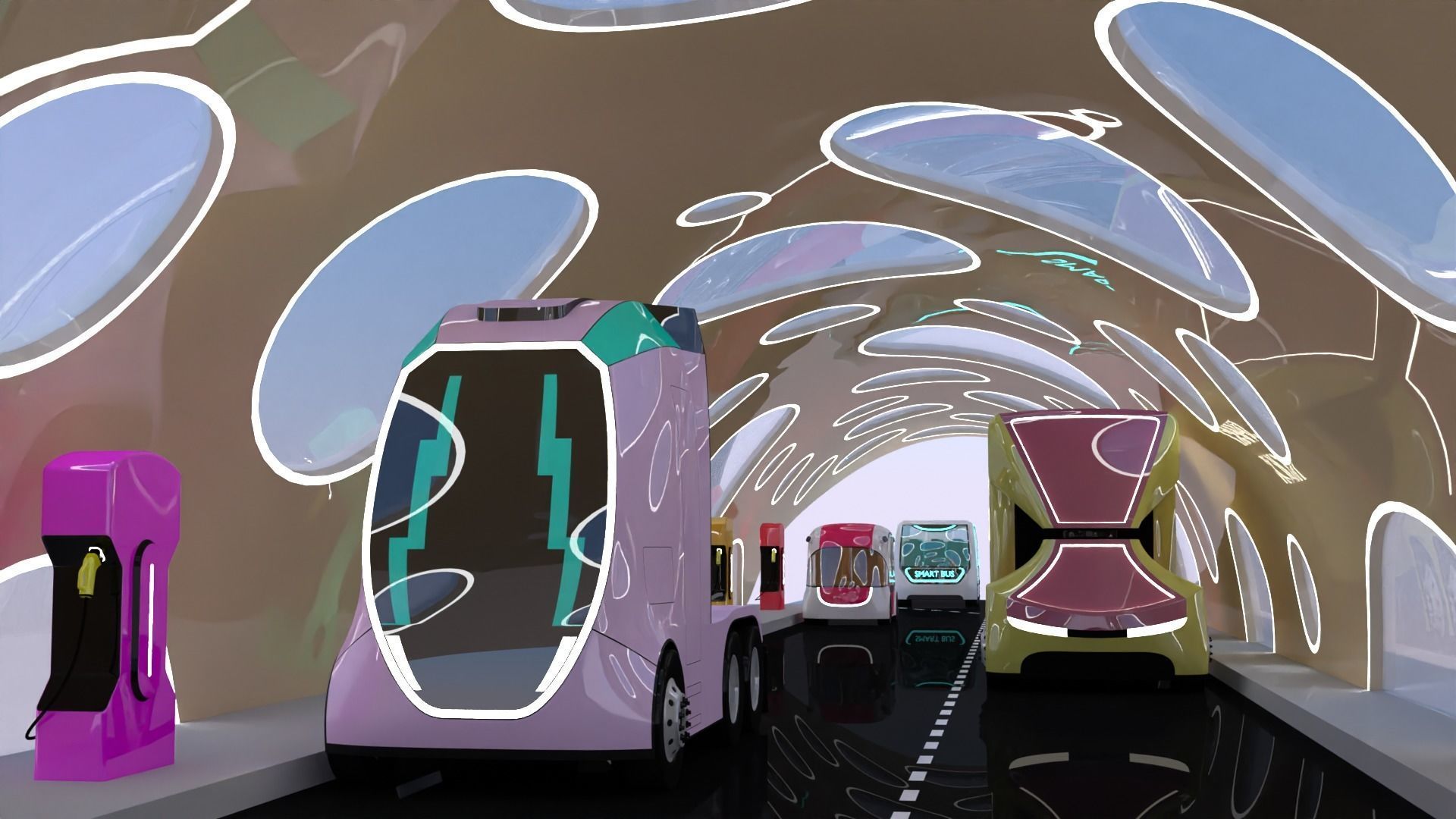 EV charging station with future vehicles 3D model_4