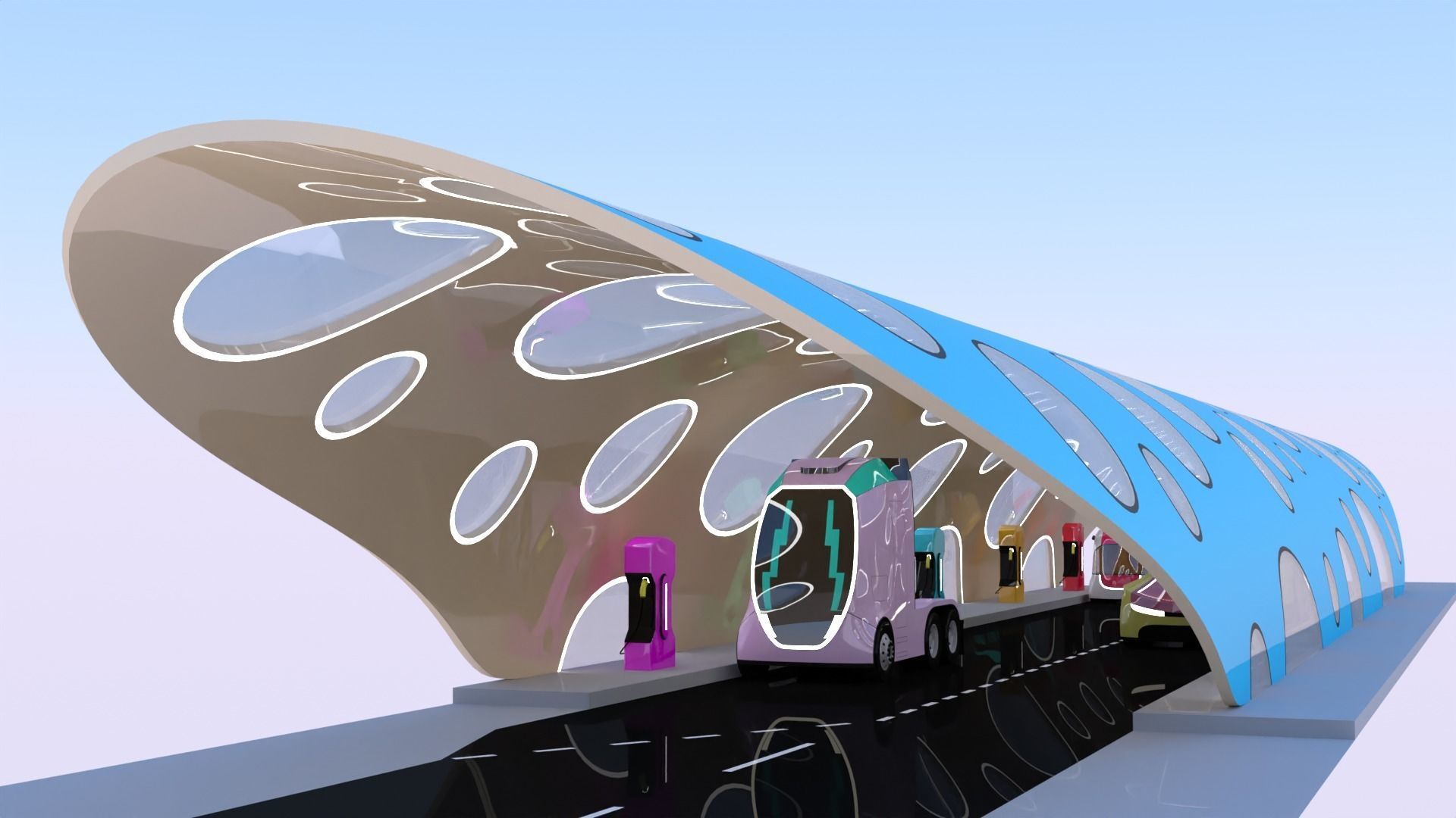 EV charging station with future vehicles 3D model_8