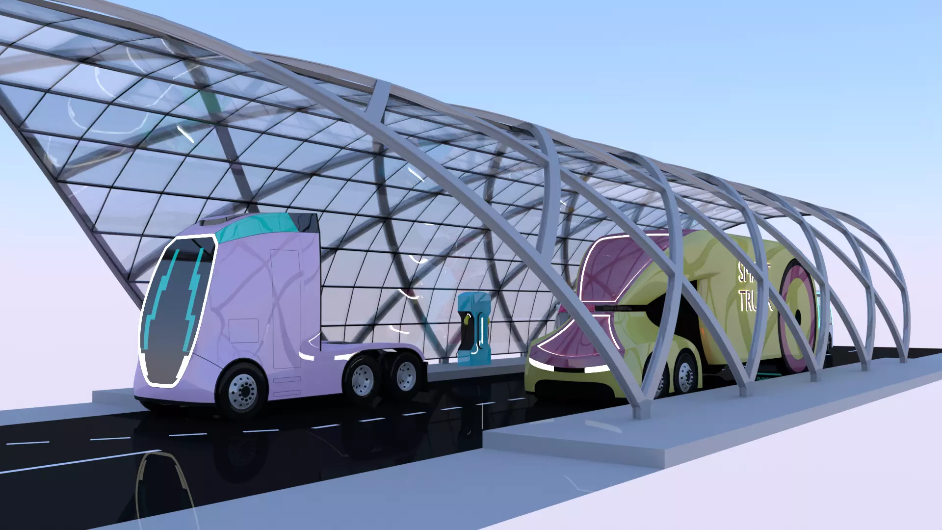 EV charging station with future vehicles II 3D model_0