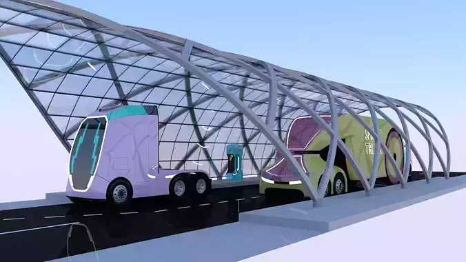 EV charging station with future vehicles II 3D model
