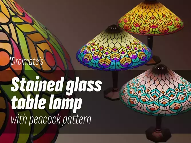 Stained glass table-bedside lamp with peacock pattern