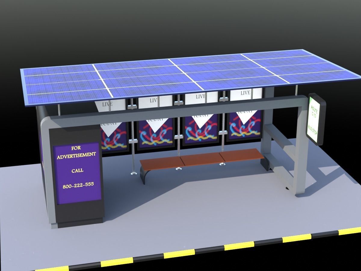 Solar panel Covered Modern Bus stop  Low-poly 3D model_1