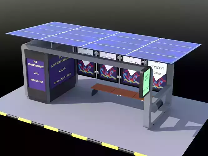 Solar panel Covered Modern Bus stop  Low-poly 3D model Solar panel Covered Modern Bus stop  Low-poly 3D model