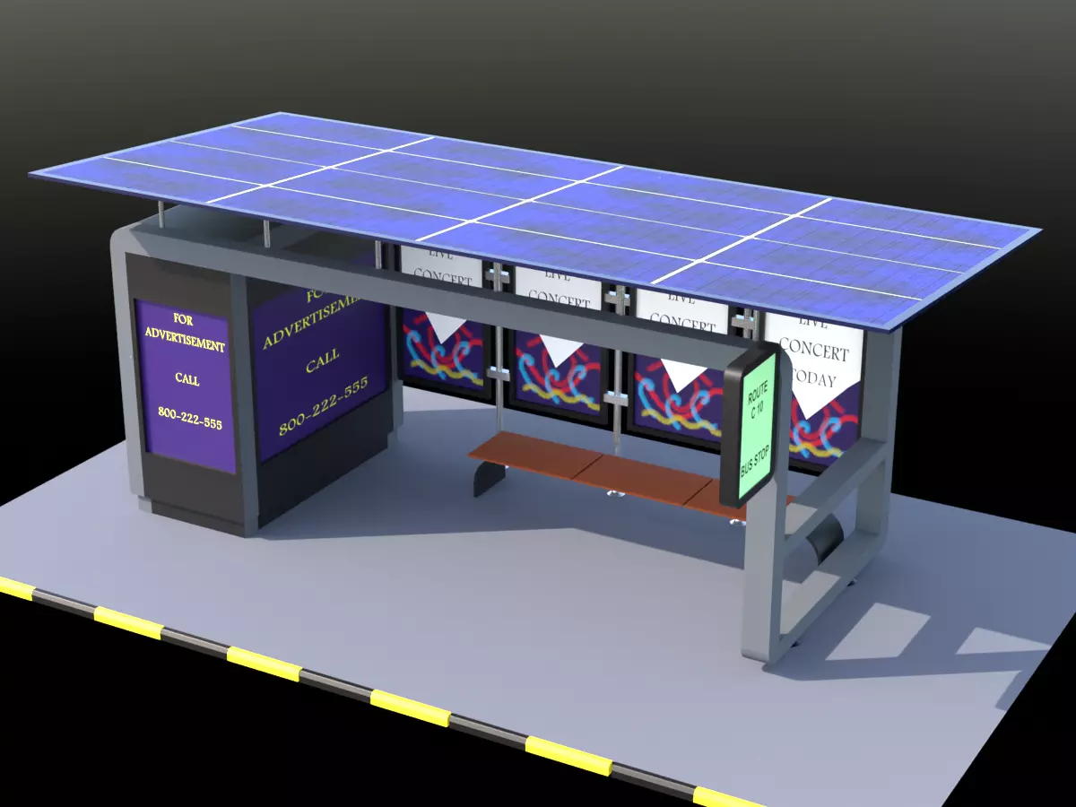 Solar panel Covered Modern Bus stop  Low-poly 3D model_0