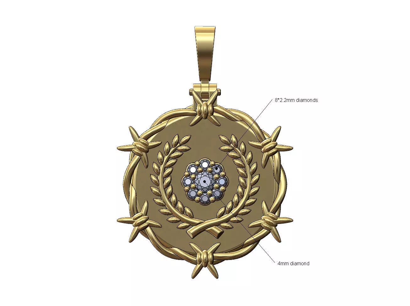 Diamond cluster bay leaves crown barbwire thornes pendant 3D print model