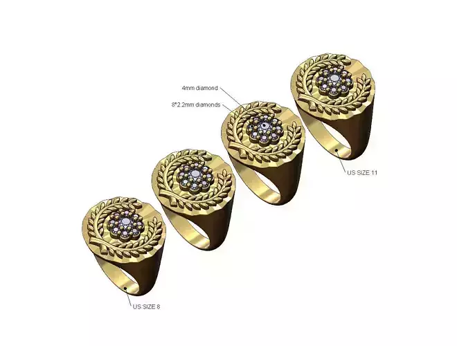 Diamond cluster faceted bay leaves crown signet US sizes 8to11